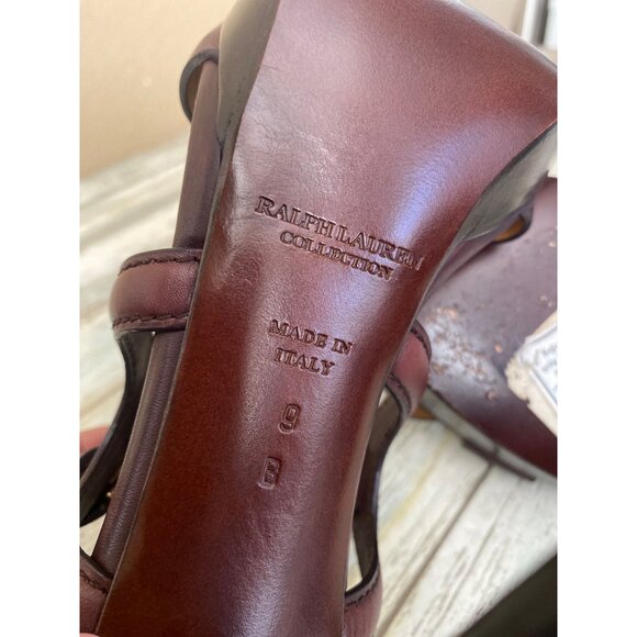 Ralph Lauren Collection Burgundy Leather Crisscross Strap Heels Sandals Sz 9 - Picture 12 of 14